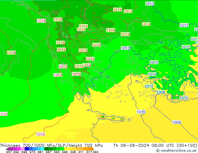 700-1000 hPa Kalınlığı Arpege-eu Per 06.06.2024 06 UTC