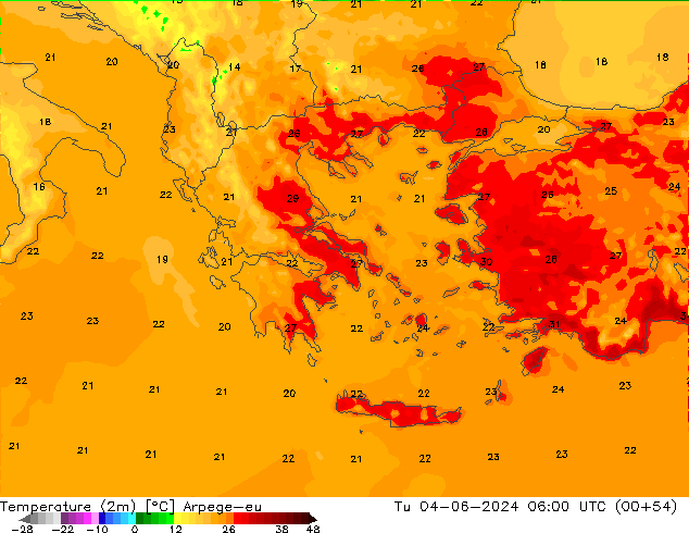 Temperature (2m) Arpege-eu Tu 04.06.2024 06 UTC