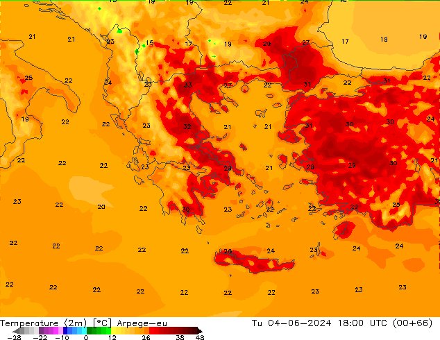 Temperatura (2m) Arpege-eu Ter 04.06.2024 18 UTC