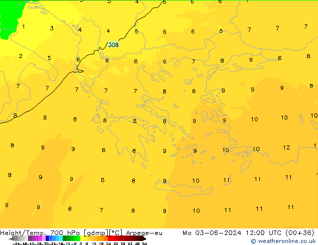 Height/Temp. 700 hPa Arpege-eu Po 03.06.2024 12 UTC