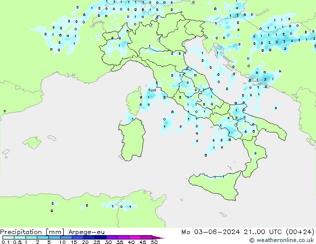 Precipitazione Arpege-eu lun 03.06.2024 00 UTC