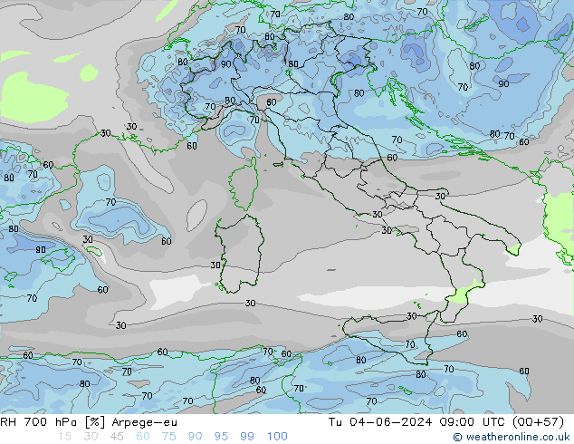 RH 700 hPa Arpege-eu Di 04.06.2024 09 UTC
