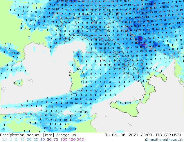 Precipitation accum. Arpege-eu  04.06.2024 09 UTC