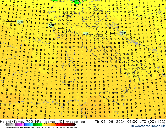 Géop./Temp. 700 hPa Arpege-eu jeu 06.06.2024 06 UTC