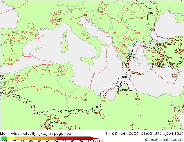 Max. wind velocity Arpege-eu gio 06.06.2024 06 UTC