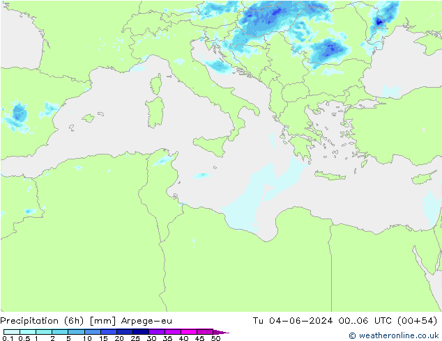 Totale neerslag (6h) Arpege-eu di 04.06.2024 06 UTC