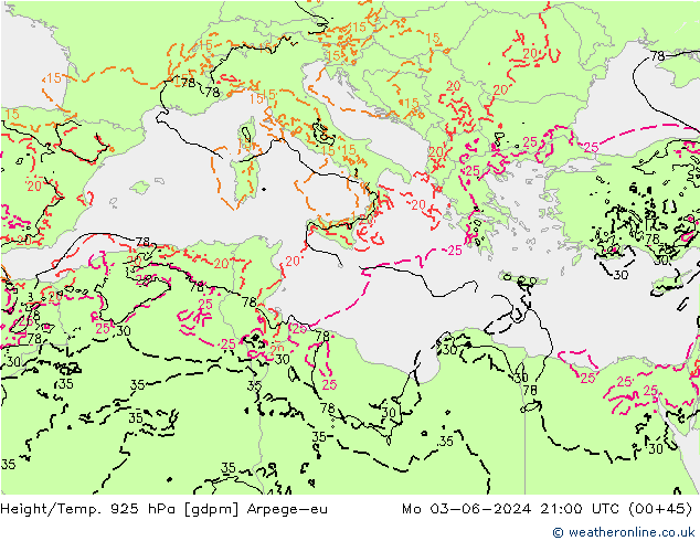 Yükseklik/Sıc. 925 hPa Arpege-eu Pzt 03.06.2024 21 UTC