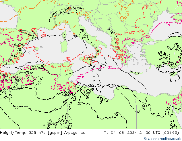 Yükseklik/Sıc. 925 hPa Arpege-eu Sa 04.06.2024 21 UTC