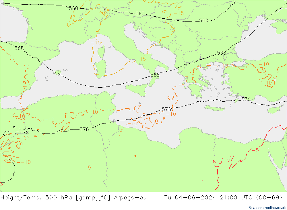 Yükseklik/Sıc. 500 hPa Arpege-eu Sa 04.06.2024 21 UTC