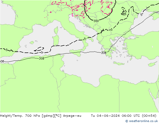 Hoogte/Temp. 700 hPa Arpege-eu di 04.06.2024 06 UTC