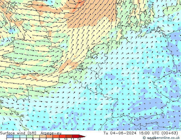 Surface wind (bft) Arpege-eu Út 04.06.2024 15 UTC