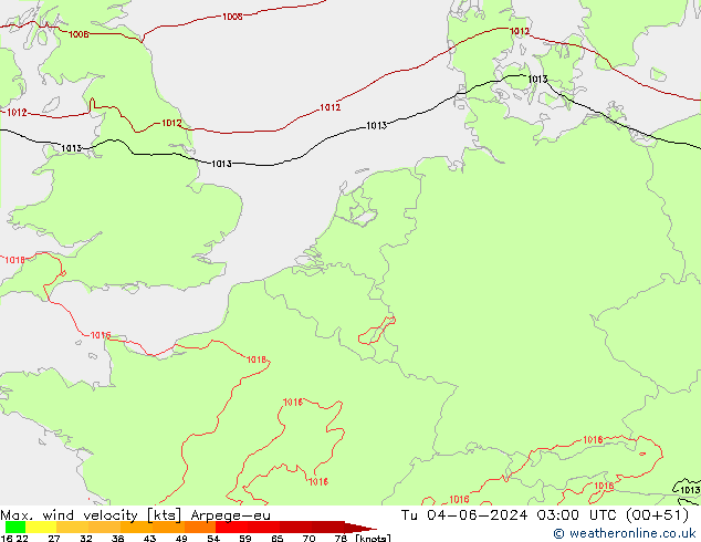 Max. wind velocity Arpege-eu Út 04.06.2024 03 UTC