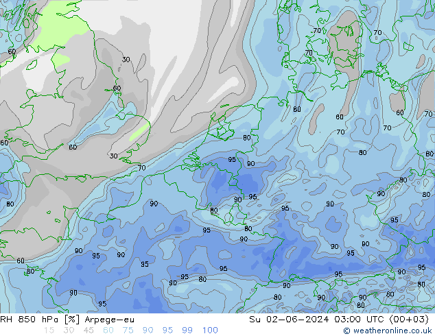 RH 850 hPa Arpege-eu So 02.06.2024 03 UTC