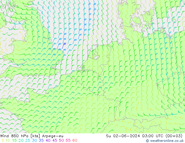 Vento 850 hPa Arpege-eu Dom 02.06.2024 03 UTC