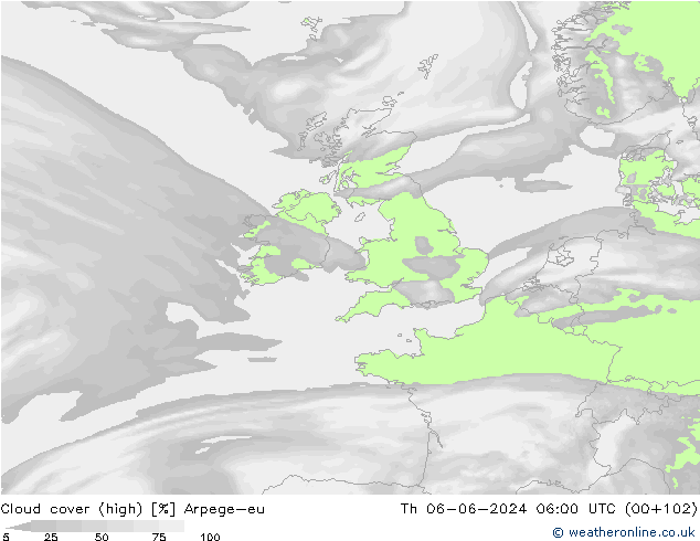 Cloud cover (high) Arpege-eu Th 06.06.2024 06 UTC