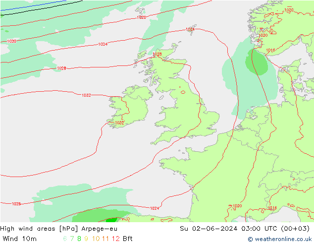 High wind areas Arpege-eu Вс 02.06.2024 03 UTC