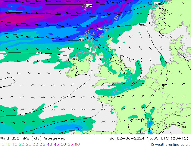 Wind 850 hPa Arpege-eu Su 02.06.2024 15 UTC