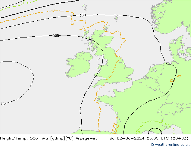 Height/Temp. 500 hPa Arpege-eu dom 02.06.2024 03 UTC