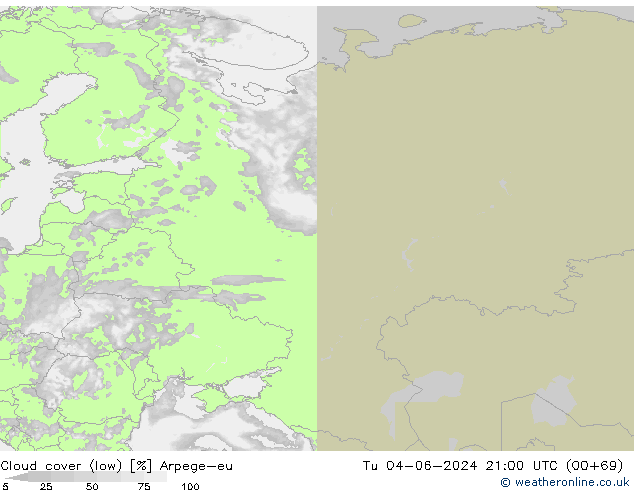 Cloud cover (low) Arpege-eu Tu 04.06.2024 21 UTC