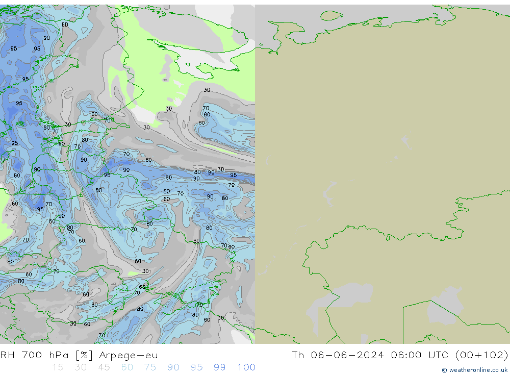RH 700 hPa Arpege-eu Qui 06.06.2024 06 UTC