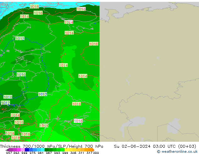 Thck 700-1000 hPa Arpege-eu Su 02.06.2024 03 UTC