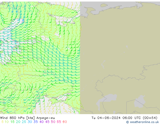 ветер 850 гПа Arpege-eu вт 04.06.2024 06 UTC