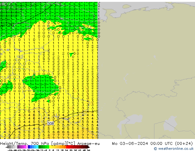 Height/Temp. 700 hPa Arpege-eu lun 03.06.2024 00 UTC