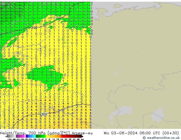 Height/Temp. 700 hPa Arpege-eu Po 03.06.2024 06 UTC
