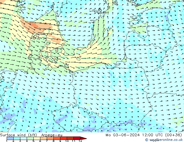 Vento 10 m (bft) Arpege-eu lun 03.06.2024 12 UTC