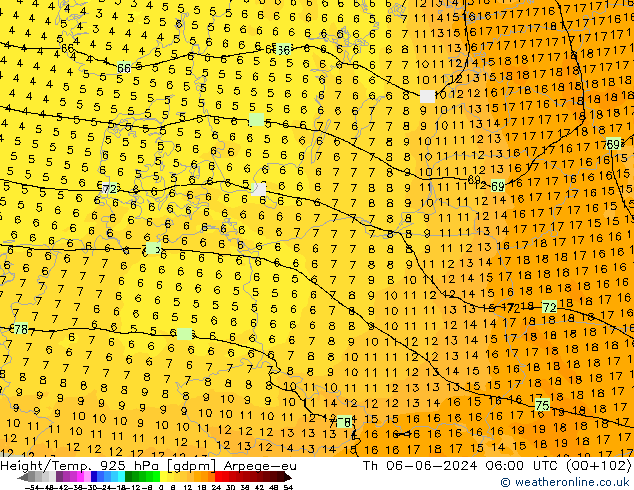 Géop./Temp. 925 hPa Arpege-eu jeu 06.06.2024 06 UTC