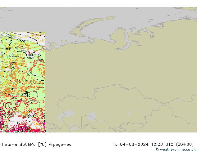 Theta-e 850гПа Arpege-eu вт 04.06.2024 12 UTC