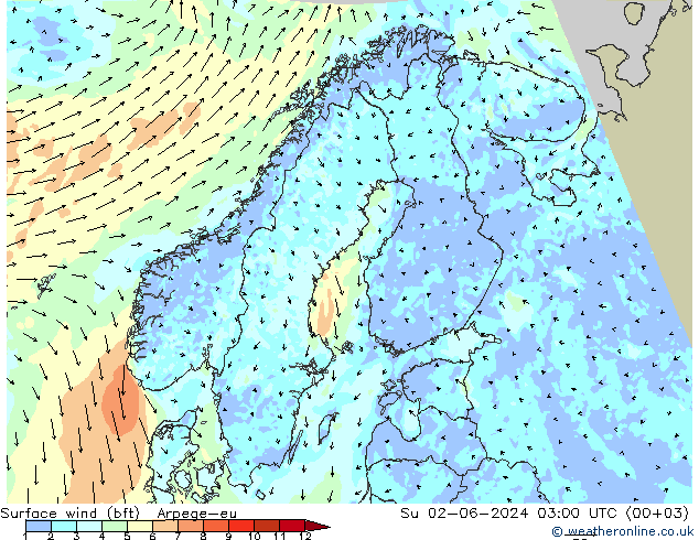 wiatr 10 m (bft) Arpege-eu nie. 02.06.2024 03 UTC