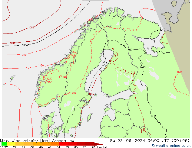 Max. wind velocity Arpege-eu dom 02.06.2024 06 UTC