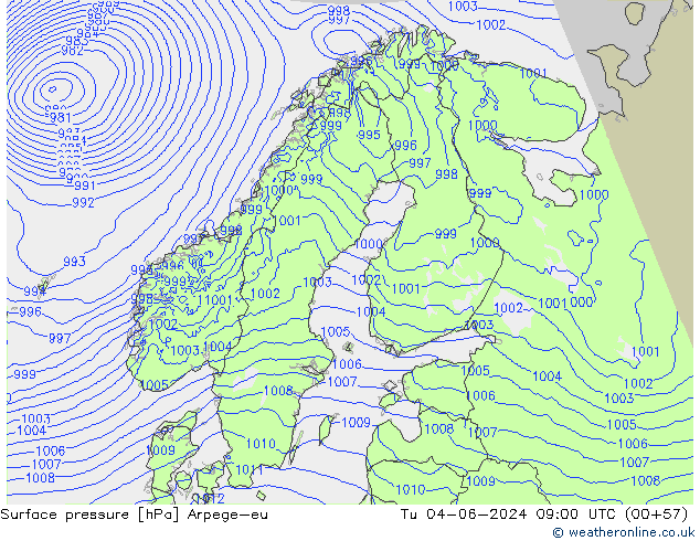 Surface pressure Arpege-eu Tu 04.06.2024 09 UTC