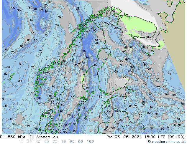 RH 850 hPa Arpege-eu Qua 05.06.2024 18 UTC