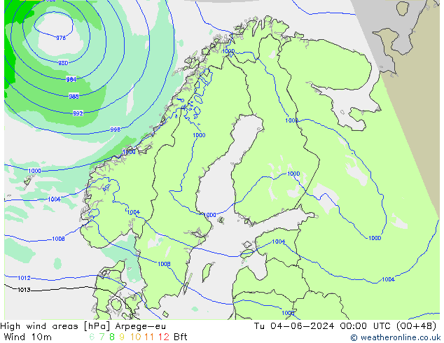 High wind areas Arpege-eu Út 04.06.2024 00 UTC