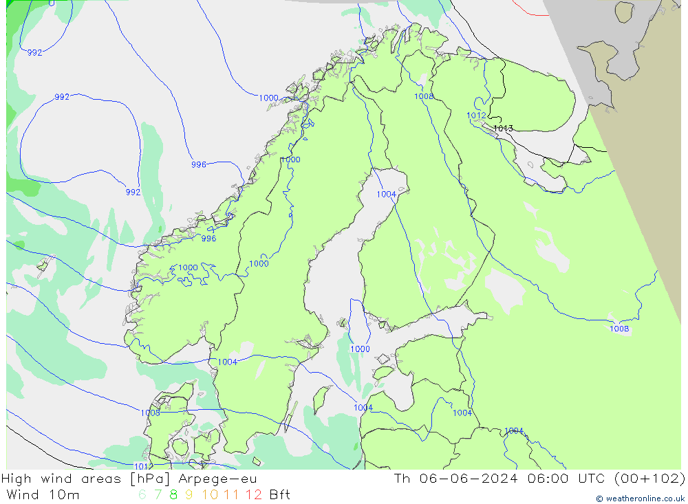 Windvelden Arpege-eu do 06.06.2024 06 UTC