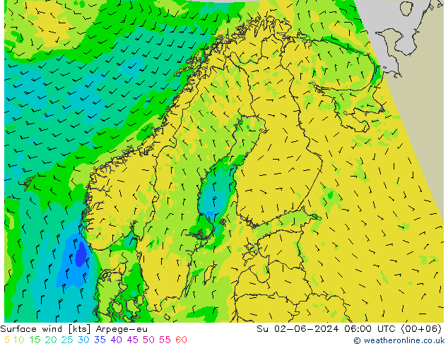 Surface wind Arpege-eu Su 02.06.2024 06 UTC