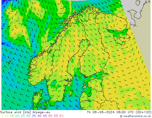 Surface wind Arpege-eu Th 06.06.2024 06 UTC
