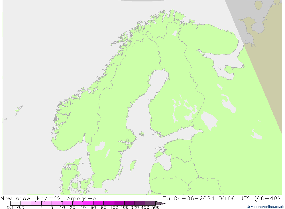 Nový sníh Arpege-eu Út 04.06.2024 00 UTC
