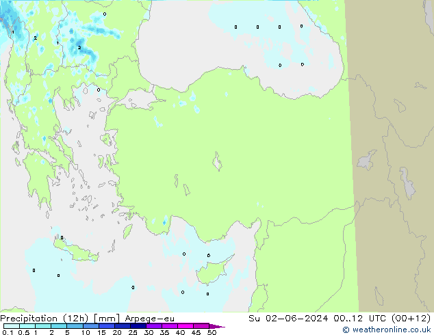 Totale neerslag (12h) Arpege-eu zo 02.06.2024 12 UTC