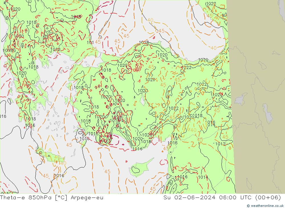 Theta-e 850hPa Arpege-eu Ne 02.06.2024 06 UTC