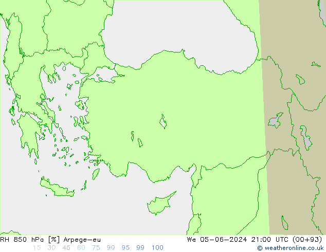 RH 850 hPa Arpege-eu Qua 05.06.2024 21 UTC