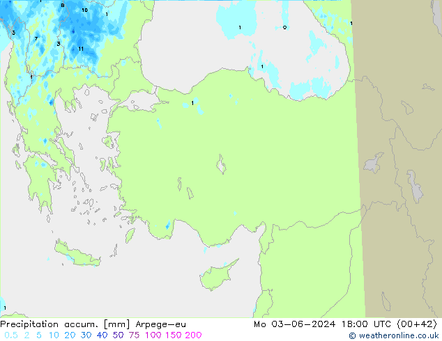 Precipitation accum. Arpege-eu lun 03.06.2024 18 UTC