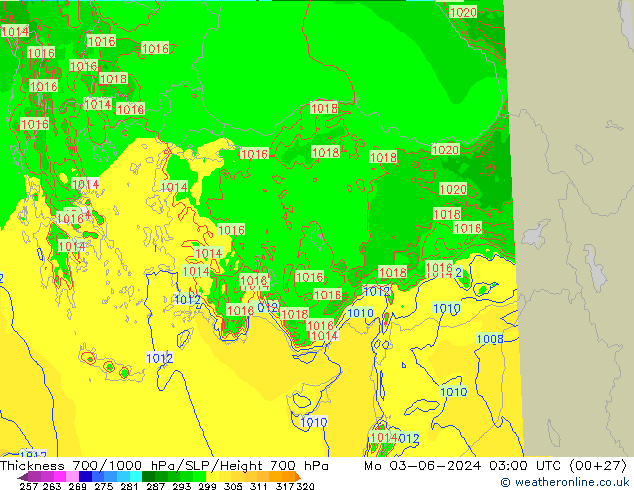 Thck 700-1000 hPa Arpege-eu Mo 03.06.2024 03 UTC