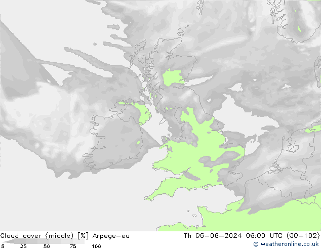 Cloud cover (middle) Arpege-eu Th 06.06.2024 06 UTC