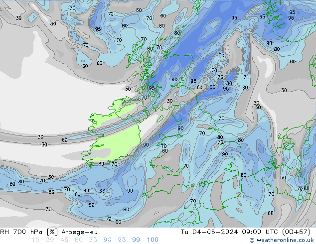 RH 700 hPa Arpege-eu Tu 04.06.2024 09 UTC