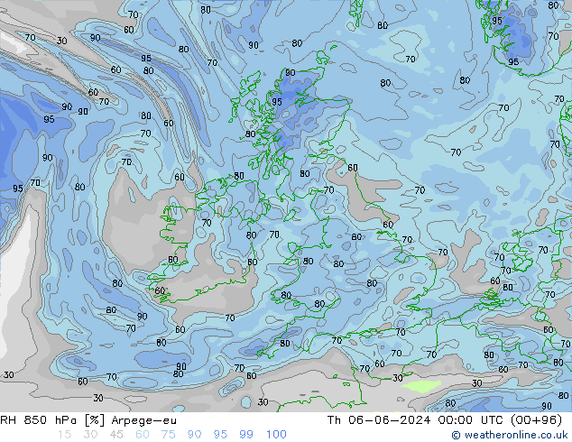 RH 850 hPa Arpege-eu Th 06.06.2024 00 UTC