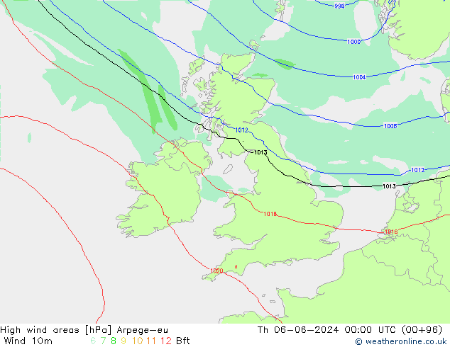 High wind areas Arpege-eu Th 06.06.2024 00 UTC
