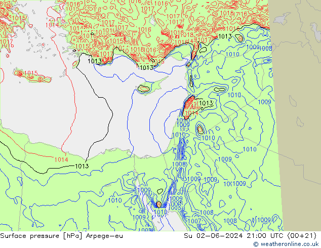 Pressione al suolo Arpege-eu dom 02.06.2024 21 UTC